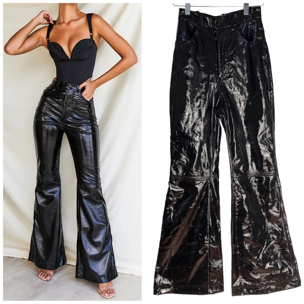 House of CB Saffy High Waist Shiny Black Vinyl Wide Leg Pants 🆕